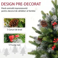 HOMCOM Mini Brad de Crăciun 60 cm cu lumini LED, 141 ramuri, conuri de pin, bobițe roșii, bază din ciment, verde(m-5)