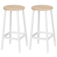 HOMCOM Set 2 Sgabelli da Cucina in Truciolato e Acciaio con Piano Liscio e Poggiapiedi, 32.5x32.5x65 cm, Bianco e Legno(m-11)