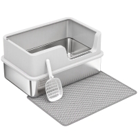 PawHut Arenero para Gatos de Acero Inoxidable XL Caja de Arena para Gatos Borde Alto Pala Cepillo Gancho Gris Claro
