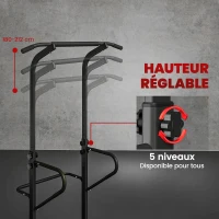 HOMCOM Power Tower Dip Station, Barre de traction, Barre de dips, Hauteur Réglable, Poignées en Forme U, 98x102x180-212cm, Noir(m-5)