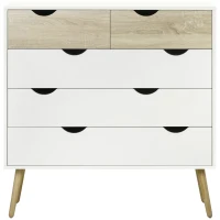 HOMCOM Commode 5 tiroirs Design scandinave Meuble de Rangement Chambre Panneau de Particules 99 x 39 x 101 cm Blanc Aspect chêne Clair(m-9)