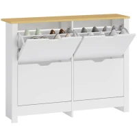 HOMCOM Smalle Schoenenkast met 4 Klapvakken voor 8–16 Paar Schoenen, 105 x 26 x 80 cm, Wit + Natuurlijk hout(m-15)