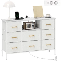 HOMCOM Commode 8 tiroirs en tissu bouclette, meuble de rangement avec 2 prises de courant, structure en acier 110x30x76cm crème(m-12)