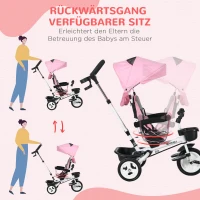 HOMCOM 6-in-1 Kinder Driewieler met Duwstang, Dak, Gordel, Opbergmand, 18+ Maanden, Roze(m-6)
