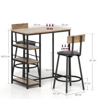 HOMCOM 3-delige eettafelset met bartafel en 2 stoelen, klein keukenset met zijplanken, MDF, metaal, zwart(m-3)