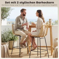 HOMCOM Set van 2 barkrukken in boho-design, PE-rotan, inclusief voetsteun, 42,5 cm x 52 cm x 102 cm, geel+zwart(m-5)