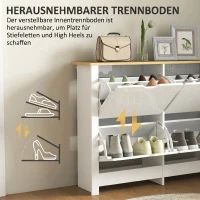HOMCOM Smalle Schoenenkast met 4 Klapvakken voor 8–16 Paar Schoenen, 105 x 26 x 80 cm, Wit + Natuurlijk hout(m-6)
