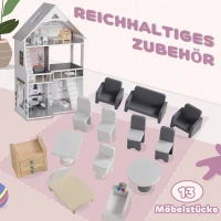 AIYAPLAY poppenhuis, 3-laags houten speelhuis met 13 meubels en trap, 85,3 cm hoog, speelgoedcadeau voor meisjes van 3-6 jaar, grijs(m-5)