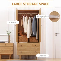 HOMCOM Wardrobe with 2 Doors, 2 Drawers, Hanging Rail for Bedroom Clothes Storage Organiser, 80x52x180cm, Natural Tone(m-5)