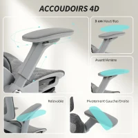HOMCOM Chaise Bureau Ergonomique avec Accoudoirs 4D Appui-Tête et Profondeur d'Assise Réglables Maille Gris(m-7)