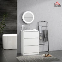 kleankin Móvel com Lavatório 61x37x88 cm e 1 Espelho com Luz LED Anti-Embaciamento Ø50x4,6 cm Branco Brilhante e Prata(m-2)