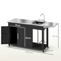Outsunny Grillwagen Serveerwagen met Werkblad, Uitklapbare Zijplank, Kast, Spoelbak, Wielen, Roestvrij Staal 162,5x47x87cm Zwart(m-3)