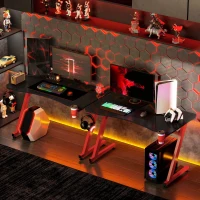HOMCOM Mesa Gaming 120x65x74,5 cm Escritorio Ergonómico Gaming desk para Computadora PC con Portavasos Gancho para Auriculares y Pies Ajustables Efecto de Fibra de Carbono Rojo(m-10)