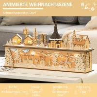 HOMCOM kerstdecoratie, besneeuwd kerstdorp, 10 LED's, warm wit licht, hout, 45 x 10 x 25 cm(m-4)