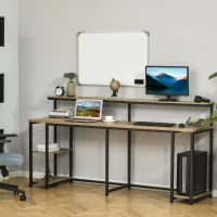 HOMCOM Scrivania Doppia con Scaffali e Mensola per Monitor in Stile Industriale, Scrivania con Libreria Salvaspazio per Ufficio e Studio in Metallo e MDF, 200x53x100cm, Nero Marrone(m-10)