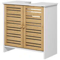 HOMCOM Meuble sous vasque de salle de bain 2 portes étagère réglable armoire de rangement pour lavabo 60x30x60 cm bambou blanc(m-12)