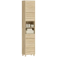 HOMCOM Armario Alto para Baño con Estantes Ajustables Puertas de Lamas Apertura por Presión 34x23x170 cm Natural(m-11)
