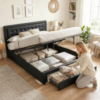 HOMCOM PU Leather King Size Ottoman Bed Frame, with Front Drawer - Black(m-8)