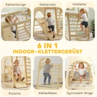 AIYAPLAY Binnen-klimrek, 6-in-1 ontwerp, glijbaan, klimstangen, klimwand, ladder, klimnet, 3-6 jaar, hout(m-4)