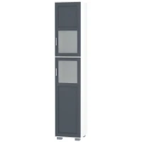 kleankin Armario Alto de Baño Mueble Columna de Baño con 2 Puertas de Vidrio Templado y Estantes Ajustables 37x35x190 cm Blanco y Gris(m-12)