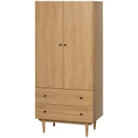 HOMCOM Wardrobe with 2 Doors, 2 Drawers, Hanging Rail for Bedroom Clothes Storage Organiser, 80x52x180cm, Natural Tone(m-10)