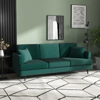 HOMCOM Divano 3 Posti in Tessuto con 2 Cuscini e Imbottitura Spessa, 229x88x88cm, Verde(m-10)