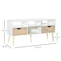 HOMCOM tv-tafel tv-meubel met 2 lades tv-plank spaanplaat massief houten poten wit + eiken 117 x 39 x 57 cm(m-3)