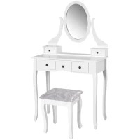 HOMCOM Tocador + Taburete y Espejo Mesa Maquillaje 5 Cajones Mesa MDF Estilo Colonial (Blanco)(m-12)