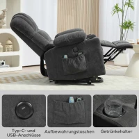 HOMCOM elektrische TV-relaxstoel met sta-op hulp, ligfunctie, verwarmings- en massagefunctie, met afstandsbediening, USB, bekerhouders en zijvak, donkergrijs(m-8)