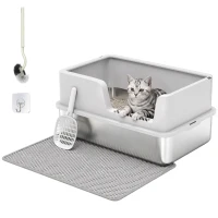 PawHut Bac Litière pour Chat en INOX Couvercle Bords Hauts Pelle et Tapis Anti-Adhérent Anti-Odeurs 60x40x30cm Gris Clair(m-11)