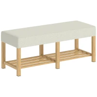 HOMCOM Banc à chaussures, banc de rangement avec siège rembourré, étagère ouverte, bois d'hévéa, 120x44x48cm, bois naturel(m-1)