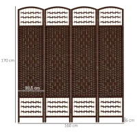 HOMCOM Paravent intérieur en bois séparateur de pièce cloison pliable 4 panneaux 160 x 170 cm marron(m-3)