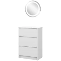 kleankin Móvel com Lavatório 61x37x88 cm e 1 Espelho com Luz LED Anti-Embaciamento Ø50x4,6 cm Branco Brilhante e Prata(m-6)