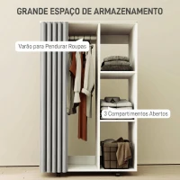 HOMCOM Roupeiro com Rodas, Cortina, Barra para Pendurar Roupa e 3 Prateleiras Abertas para Quarto, 80x40x128 cm, Branco(m-4)