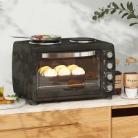 HOMCOM 36L Small Oven with 2 Hot Plates, Countertop Toaster Oven, Grill, Roast, Bake, Boil, with Timer, Adjustable Temperature, Electric Oven with Baking Tray, Grill Rack, Crumb Tray, 2600W, Black(m-2)