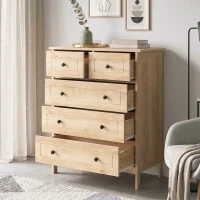 HOMCOM Commode meuble de rangement 5 tiroirs pour chambre, bureau, entrée, chêne et poignée métal noir(m-7)