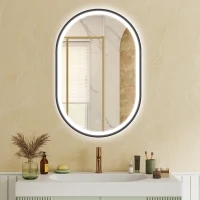 HOMCOM Espejo de Baño con Luz 60x90 cm Espejo de Pared Ovalado 3 Colores de Luz Brillo Regulable Función Antivaho Negro(m-10)