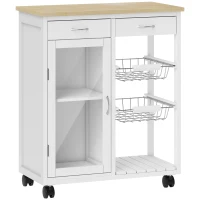 HOMCOM Carrello da Cucina in Bambù con 2 Cassetti, Armadietto, Ripiano e 2 Cestini in Acciaio, 67x35x80 cm, Bianco(m-1)