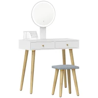 HOMCOM Coiffeuse avec miroir LED à luminosité et 3 couleurs réglable, tabouret rembourré, 2 tiroirs et organisateur, blanc(m-1)