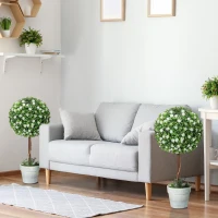 HOMCOM Set of 2 Decorative Artificial Plants, Ball Topiary Tree with Rose Flower in Pot, Fake Plants for Home Indoor Outdoor Decor, 60cm, White(m-6)