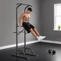 HOMCOM Power Tower Dip Station, Barre de traction, Barre de dips, Hauteur Réglable, Poignées en Forme U, 98x102x180-212cm, Noir(m-8)