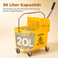 HOMCOM Schoonmaakwagen, verrijdbare emmer, schoonmaakemmer, 20 liter dweilwagen met pers, 2 bakken, geel(m-7)