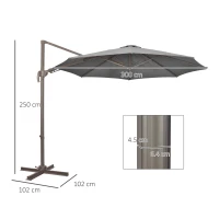 Outsunny 3(m) Cantilever Parasol with 360° Rotation Roma Umbrella, Hanging Sun Shade with Aluminium Frame, Tilt Crank, 8 Ribs and Cross Base, Dark Grey(m-3)