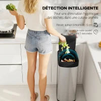 HOMCOM Poubelle de cuisine automatique 50L, poubelle à capteur de mouvement, fonctionne sur piles, 26,5x35,5x68cm, argent(m-4)