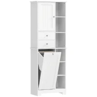 HOMCOM Badkamerkast 171 cm hoog, smalle kast met uitschuifbare wasmand en 2 lades, wit(m-1)