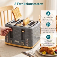HOMCOM Broodrooster voor 4 sneetjes met 7 bruiningsstanden, High-Lift, opwarm-/ontdooien-/stopfunctie, grijze gegolfde look(m-6)