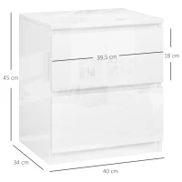HOMCOM Mesa de Cabeceira Moderna Mesa de Cabeceira com 2 Gavetas Mesa de Cabeceira para Dormitório 40x34x45 cm Branco Brilhante(m-3)
