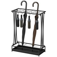 Suport de Umbrele HOMCOM cu Tavă pentru Apa, 21 de Orificii și 24 de Cârlige pentru Umbrelă, din Oțel, 50x24x68 cm, Negru(m-12)