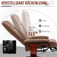 HOMCOM Relaxfauteuil met Voetensteun, 145° Verstelbare Rugleuning, 360° Draaibaar, Kunstleer, Houten Onderstel, tot 120 kg, Bruin(m-4)
