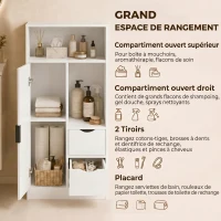 HOMCOM Meuble de salle de bain, meuble de rangement étroit avec 2 tiroirs, compartiments ouverts, 50x25x100cm, blanc(m-4)